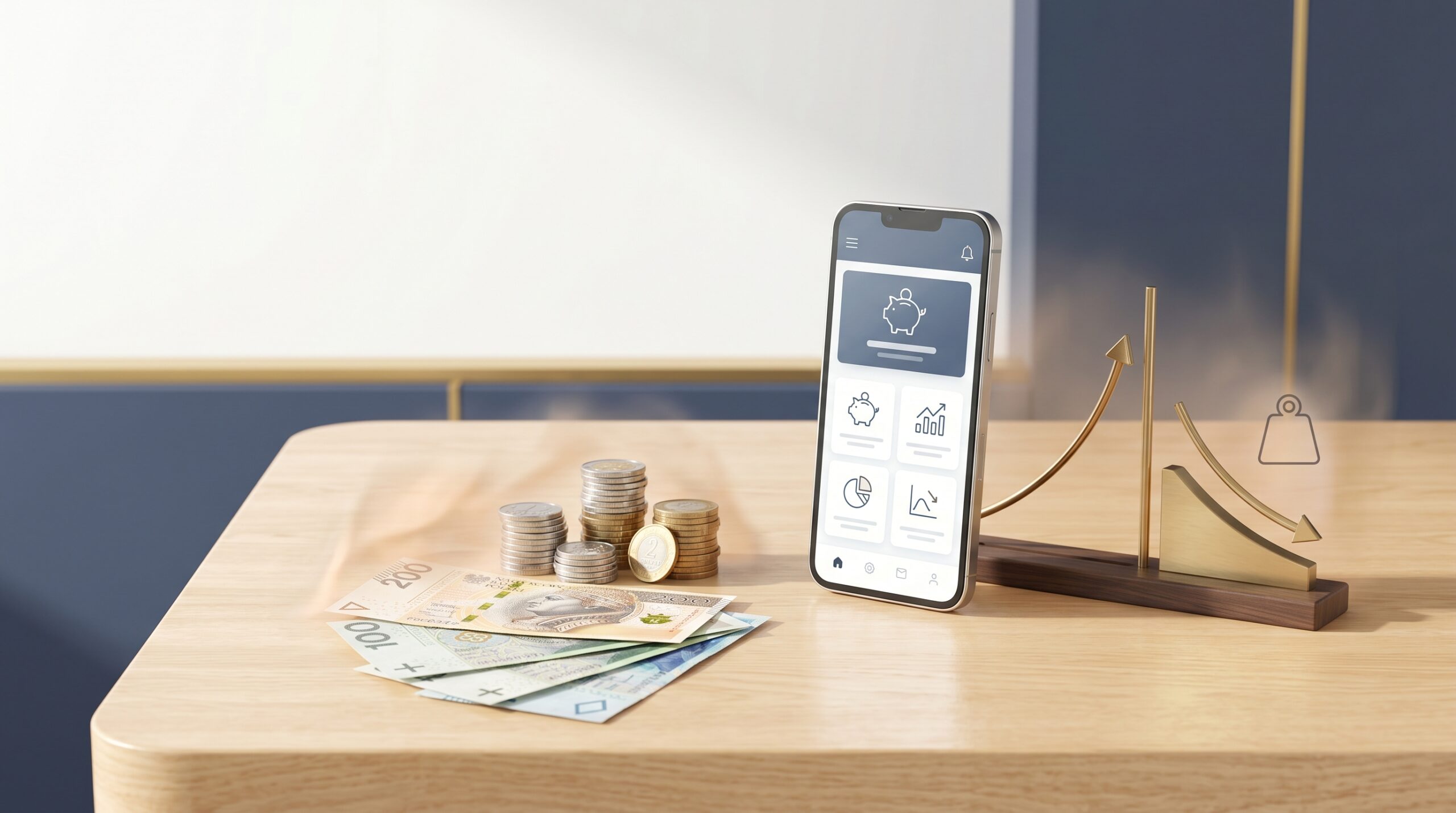 Bankowość mobilna, polskie banknoty i monety oraz wykres oprocentowania konta oszczędnościowego