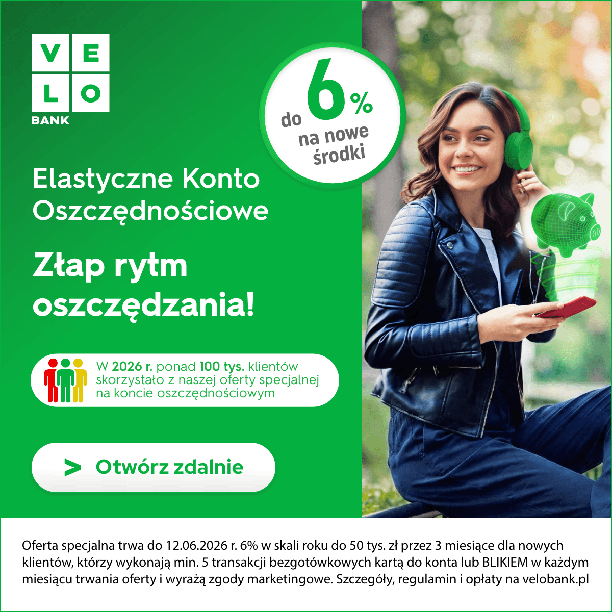 Elastyczne Konto Oszczędnościowe VeloBank - do 6 procent na nowe środki